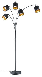 Moderne Stehleuchte TOMMY mit fünf verstellbaren Armen und schwarzen Lampenschirmen, seitliche Perspektive