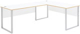 Moderner weißer Eckschreibtisch mit Holzdetails und Metallbeinen, seitliche Perspektive