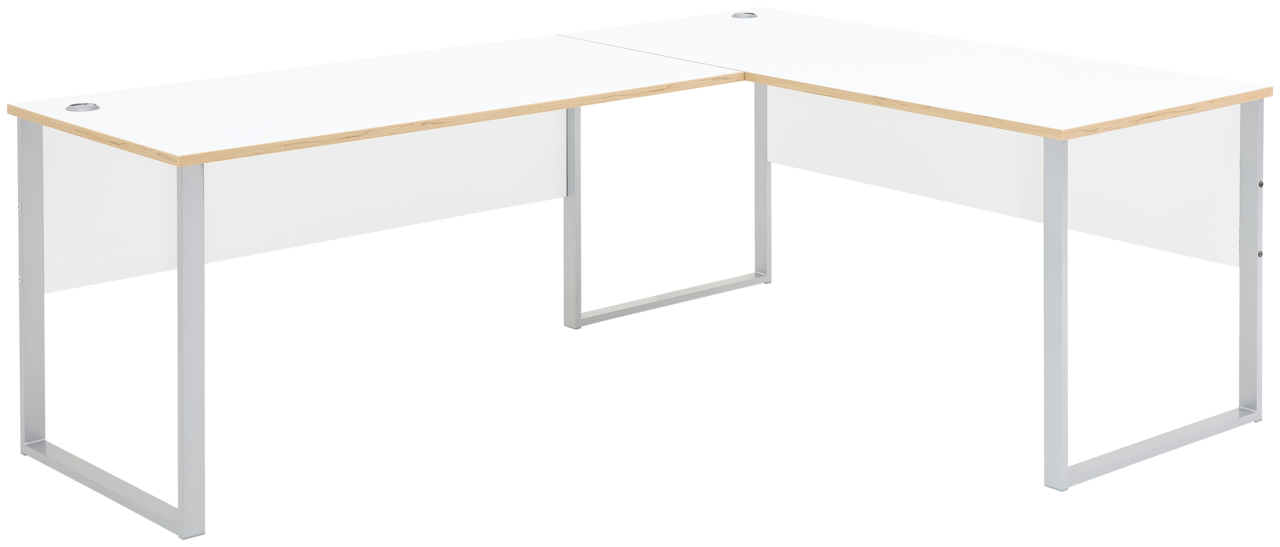 Moderner weißer Eckschreibtisch mit Holzdetails und Metallbeinen, seitliche Perspektive