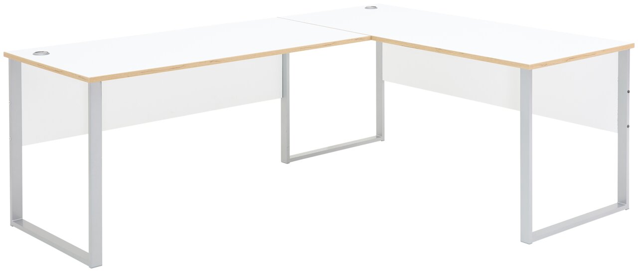 Moderner weißer Eckschreibtisch mit Holzdetails und Metallbeinen, seitliche Perspektive