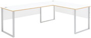 Moderner weißer Eckschreibtisch mit Holzdetails und Metallbeinen, seitliche Perspektive