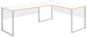 Moderner weißer Eckschreibtisch mit Holzdetails und Metallbeinen, seitliche Perspektive