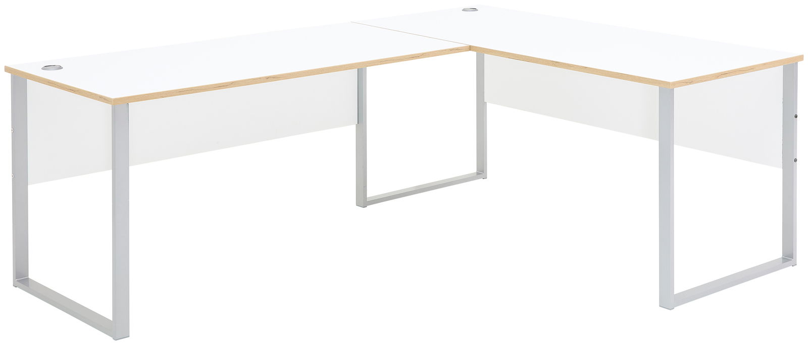 Moderner weißer Eckschreibtisch mit Holzdetails und Metallbeinen, seitliche Perspektive