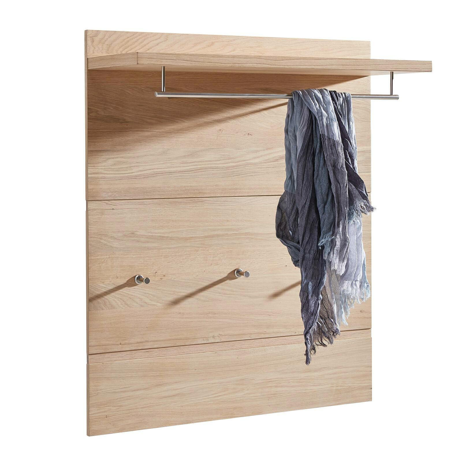 Garderobenpaneel aus Holz mit Kleiderstange und Haken, seitliche Perspektive