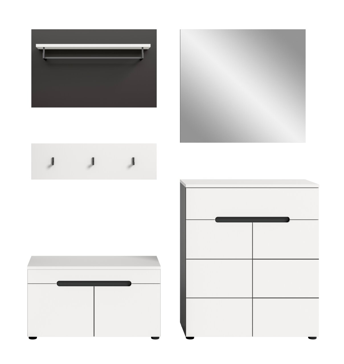 Minimalistisches weißes Flurmöbel-Set mit Wandgarderobe, Spiegel, Hakenleiste, Schuhbank und Kommode mit schwarzen Griffen, frontale Ansicht