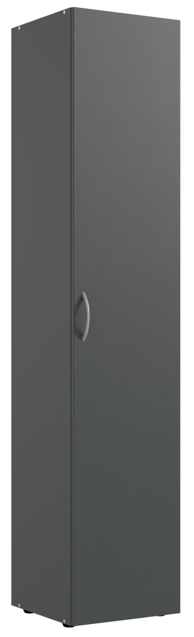Grauer Mehrzweckschrank mit einer Tür und silbernem Griff, seitliche Perspektive