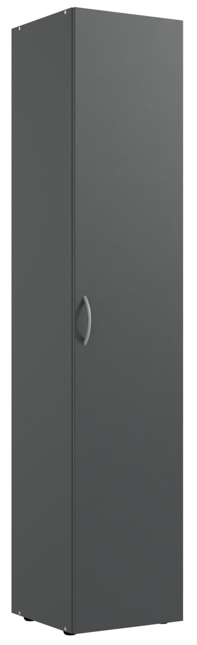 Grauer Mehrzweckschrank mit einer Tür und silbernem Griff, seitliche Perspektive