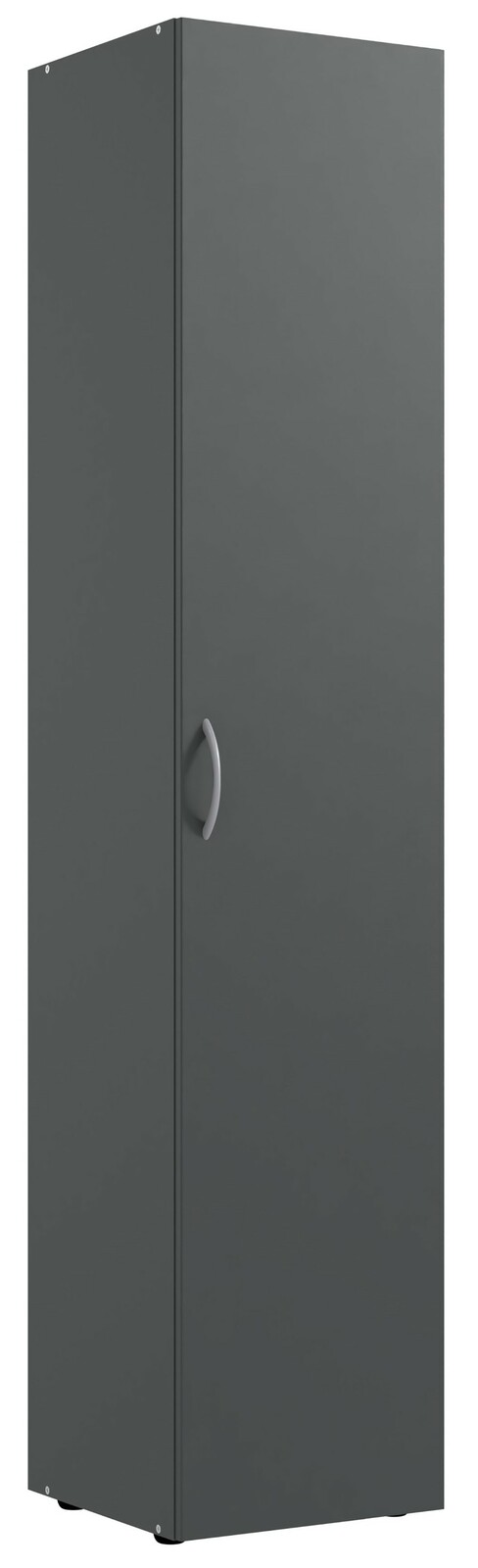 Grauer Mehrzweckschrank mit einer Tür und silbernem Griff, seitliche Perspektive