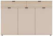 Frontansicht eines modernen XL-Schuhschranks mit drei Türen und einer oberen Leiste in Holzoptik.