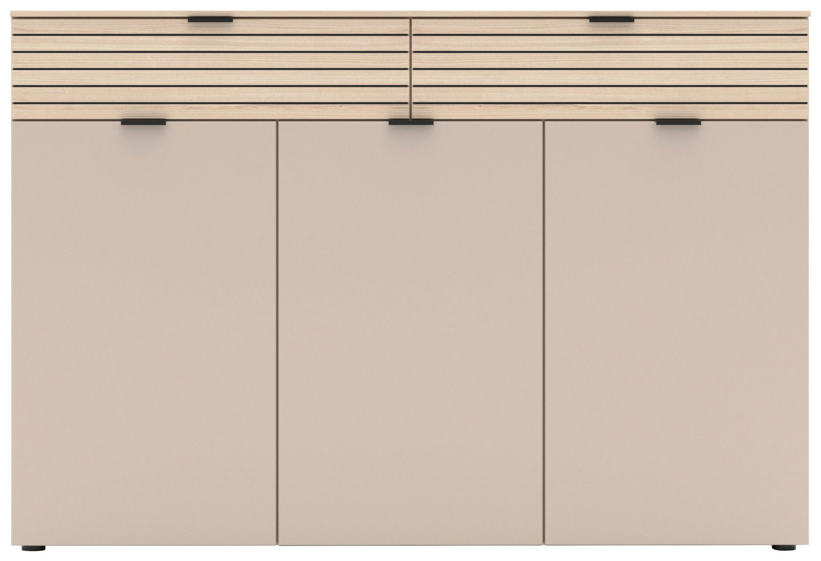 Frontansicht eines modernen XL-Schuhschranks mit drei Türen und einer oberen Leiste in Holzoptik.