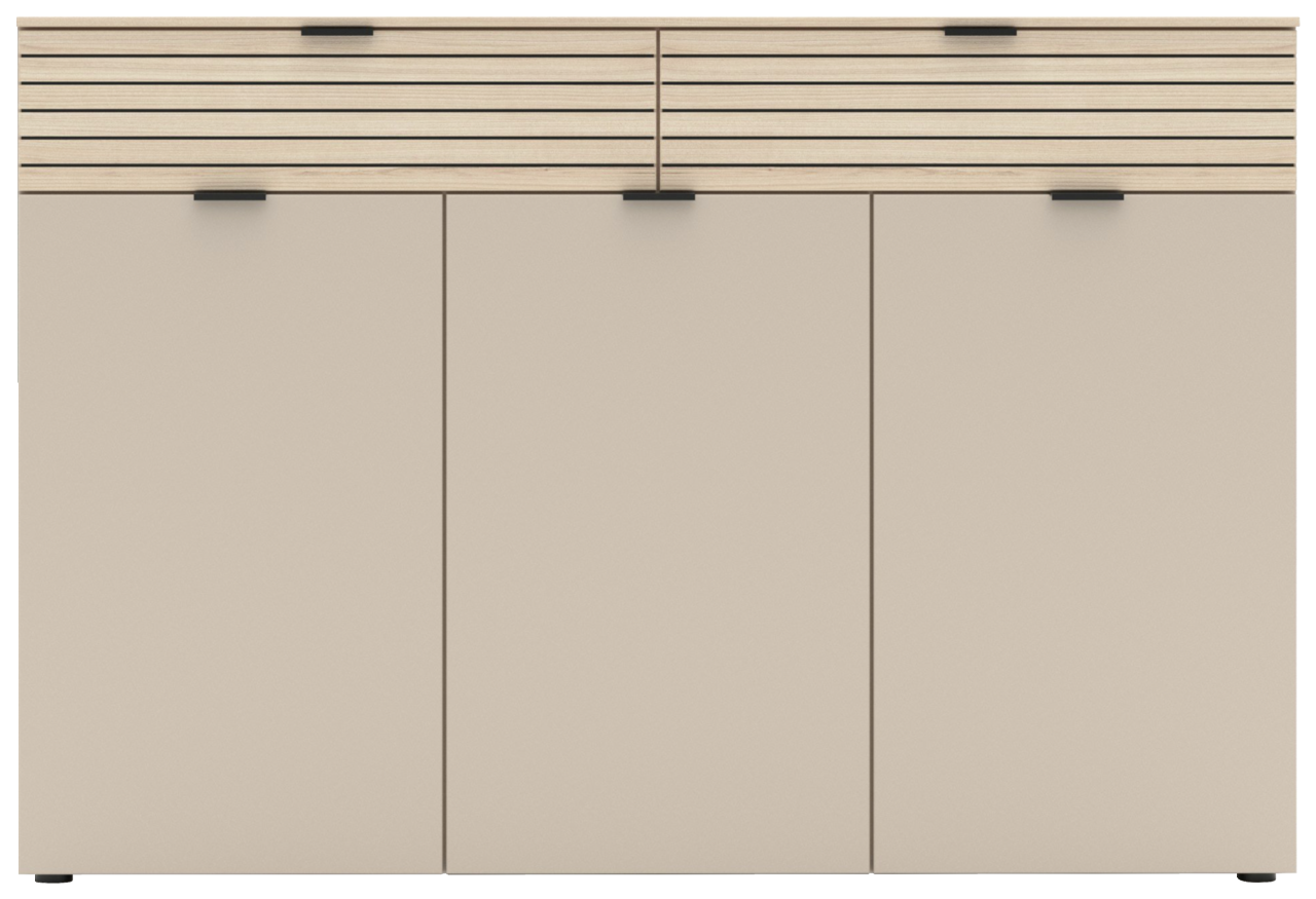 Frontansicht eines modernen XL-Schuhschranks mit drei Türen und einer oberen Leiste in Holzoptik.