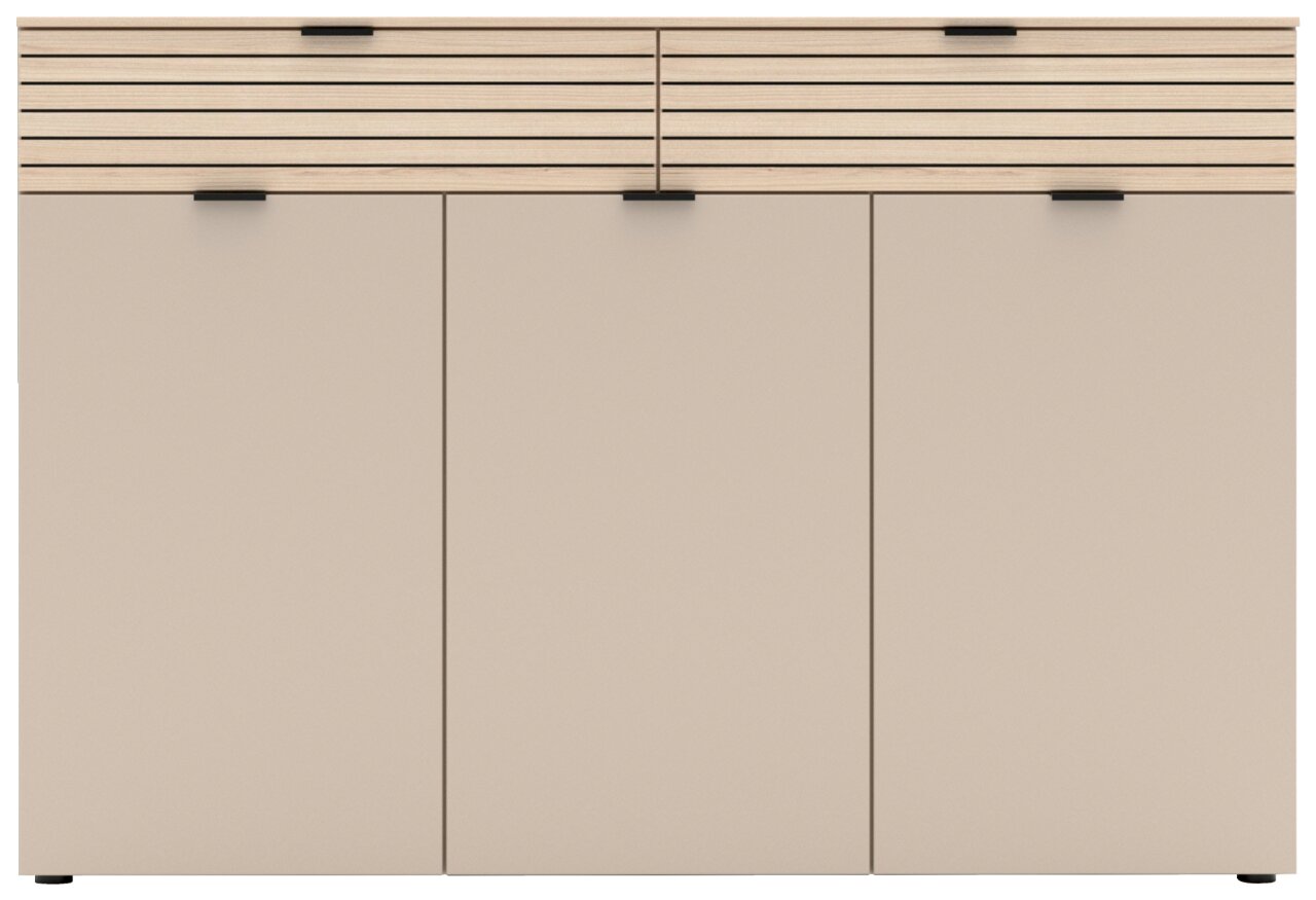 Frontansicht eines modernen XL-Schuhschranks mit drei Türen und einer oberen Leiste in Holzoptik.