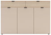 Frontansicht eines modernen XL-Schuhschranks mit drei Türen und einer oberen Leiste in Holzoptik.