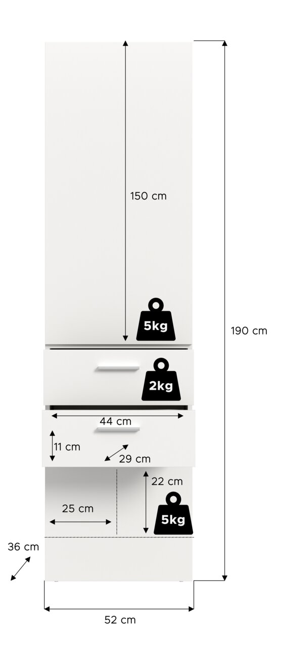 Frontale Ansicht eines weißen Garderobenpaneels mit Schubladen und Fächern, Maße: 190 cm hoch, 52 cm breit, 36 cm tief. Belastbarkeit: 5 kg oben, 2 kg in der Schublade, 5 kg unten.