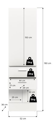 Frontale Ansicht eines weißen Garderobenpaneels mit Schubladen und Fächern, Maße: 190 cm hoch, 52 cm breit, 36 cm tief. Belastbarkeit: 5 kg oben, 2 kg in der Schublade, 5 kg unten.