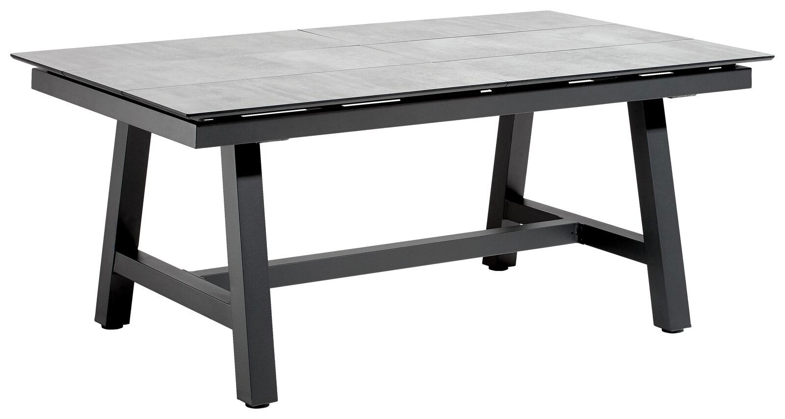 Moderner Gartentisch aus Metall mit rechteckiger Tischplatte, seitliche Perspektive