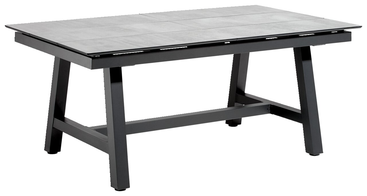 Moderner Gartentisch aus Metall mit rechteckiger Tischplatte, seitliche Perspektive