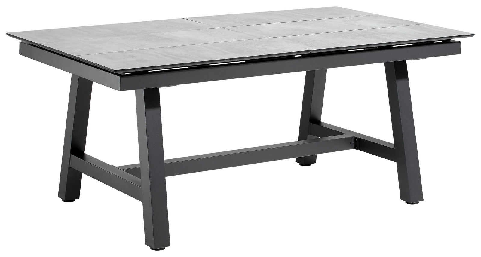 Moderner Gartentisch aus Metall mit rechteckiger Tischplatte, seitliche Perspektive