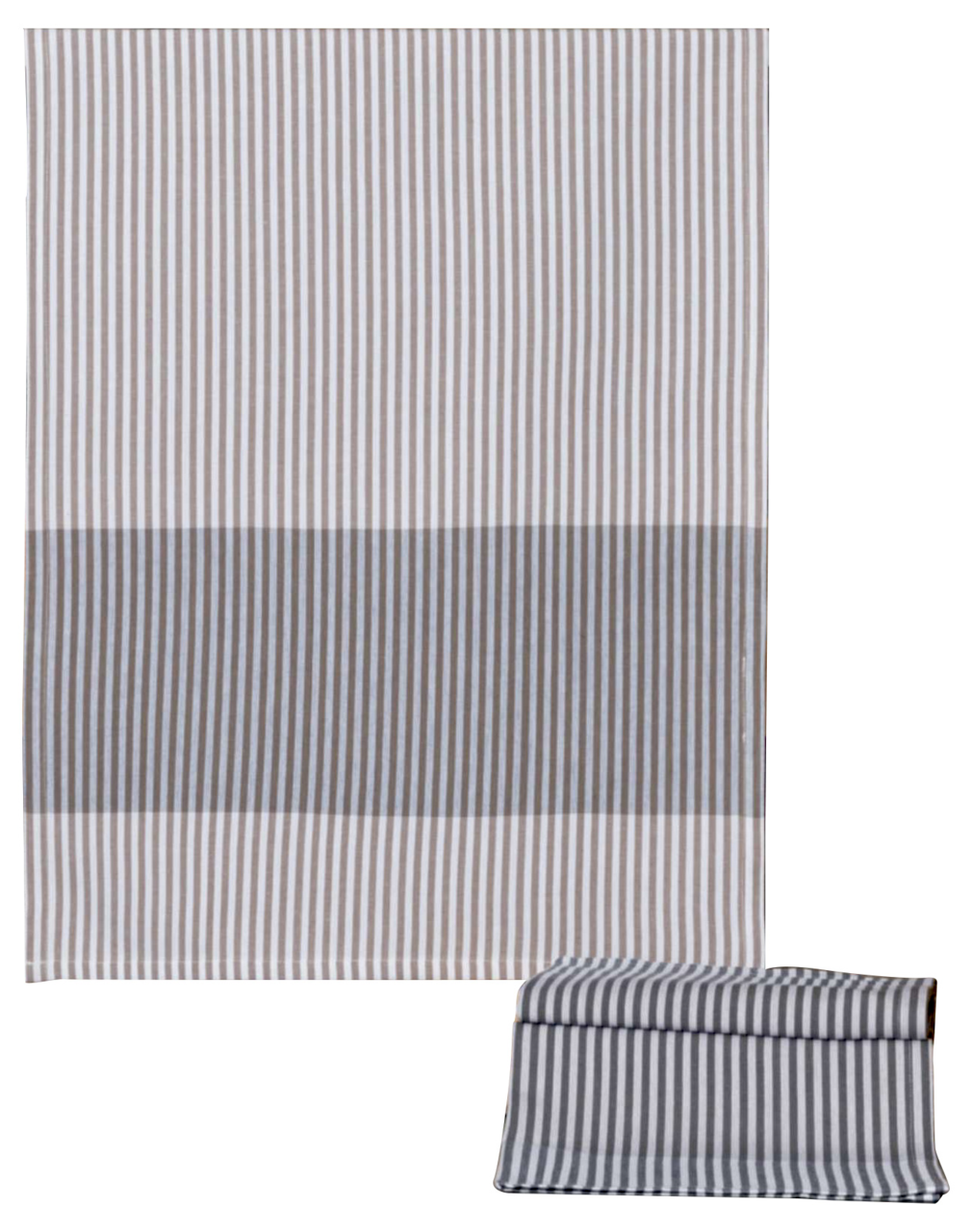 Gestreiftes Geschirrtuch in Grau- und Weißtönen, frontal und gefaltet dargestellt