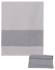 Gestreiftes Geschirrtuch in Grau- und Weißtönen, frontal und gefaltet dargestellt
