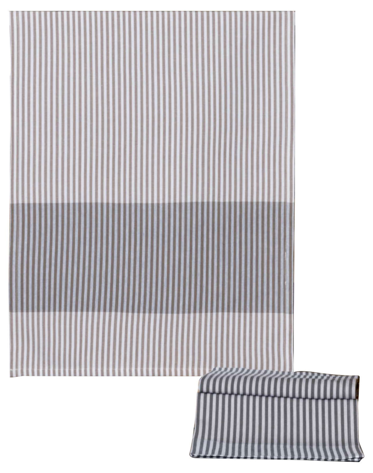 Gestreiftes Geschirrtuch in Grau- und Weißtönen, frontal und gefaltet dargestellt