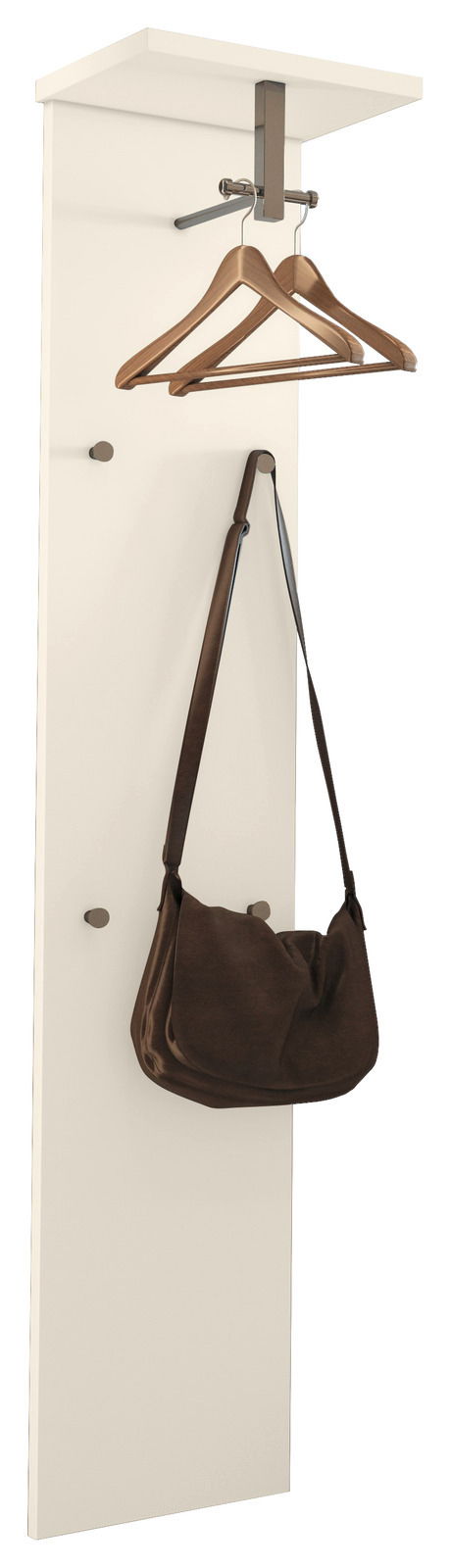 Weißes Garderobepaneel mit Haken und Kleiderbügeln, seitliche Perspektive