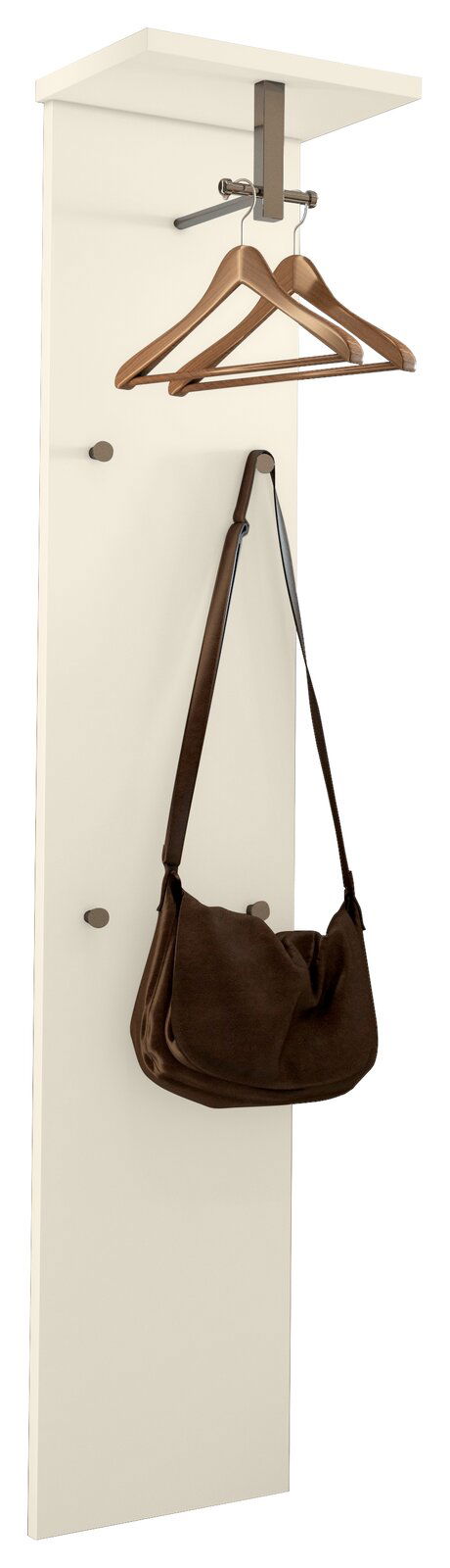 Weißes Garderobepaneel mit Haken und Kleiderbügeln, seitliche Perspektive