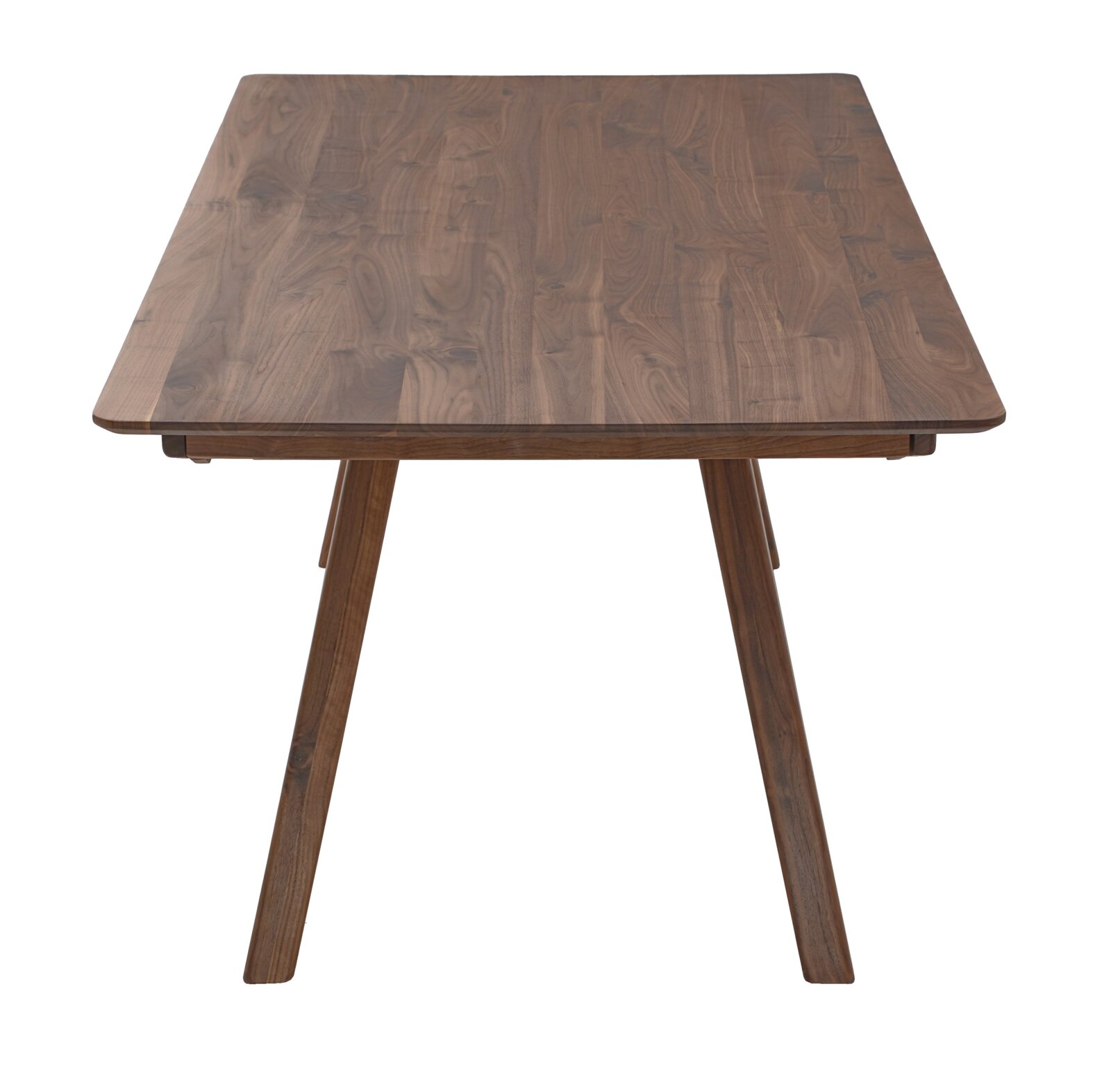 Vierkante houten eettafel met zichtbaar nerfpatroon en schuine poten, gezien schuin van boven vanaf de voorkant op een witte achtergrond