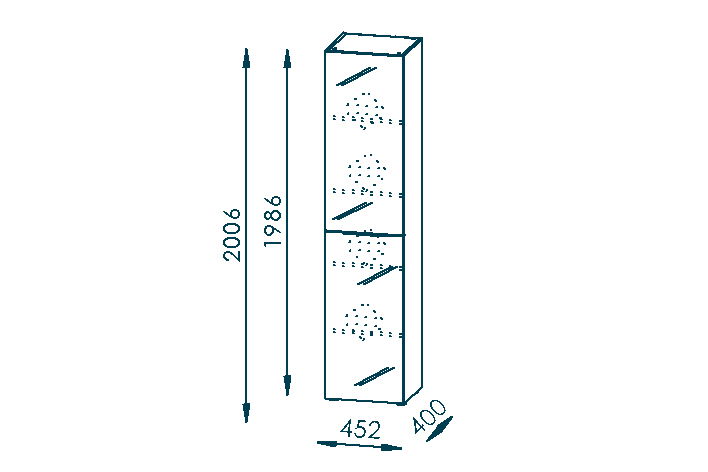 Stauraumschrank 45cm, frontale Perspektive, mit drei Fächern und Maßen 2006mm Höhe, 452mm Breite, 400mm Tiefe.