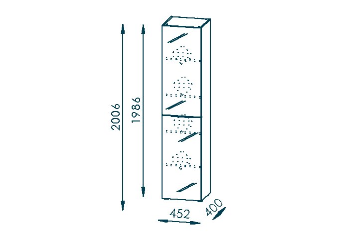 Stauraumschrank 45cm, frontale Perspektive, mit drei Fächern und Maßen 2006mm Höhe, 452mm Breite, 400mm Tiefe.
