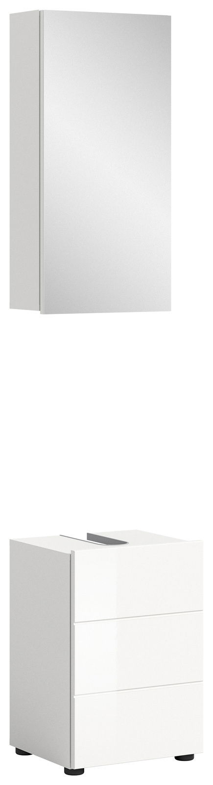 Badezimmerschrank-Kombination bestehend aus einem Spiegelschrank und einem Unterschrank mit Schubladen, seitliche Perspektive