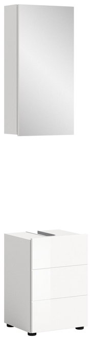 Badezimmerschrank-Kombination bestehend aus einem Spiegelschrank und einem Unterschrank mit Schubladen, seitliche Perspektive