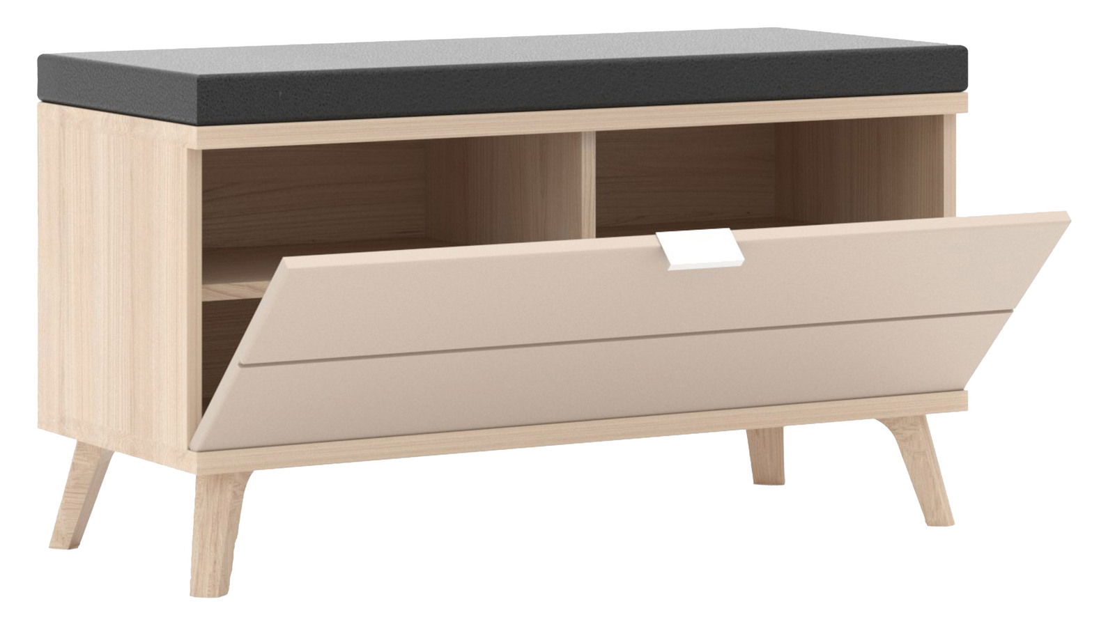 Garderobenbank aus hellem Holz mit schwarzem Sitzpolster, zwei offenen Fächern und einer herunterklappbaren Tür, seitliche Perspektive