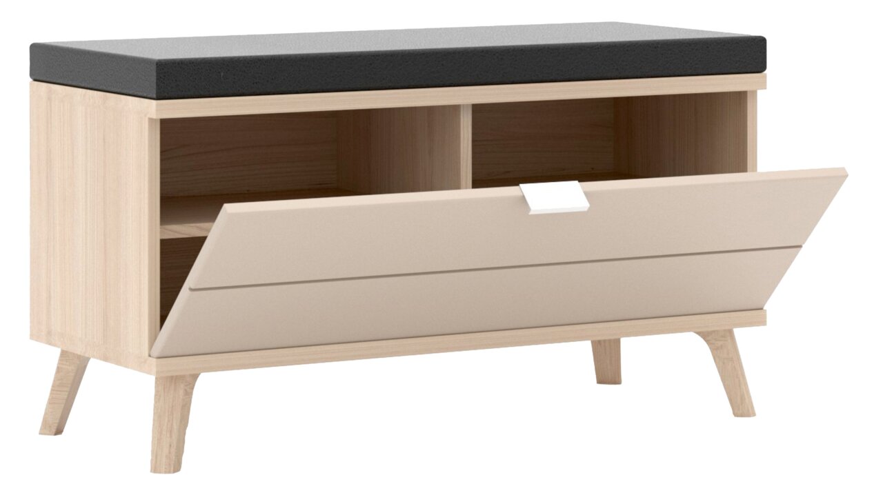 Garderobenbank aus hellem Holz mit schwarzem Sitzpolster, zwei offenen Fächern und einer herunterklappbaren Tür, seitliche Perspektive