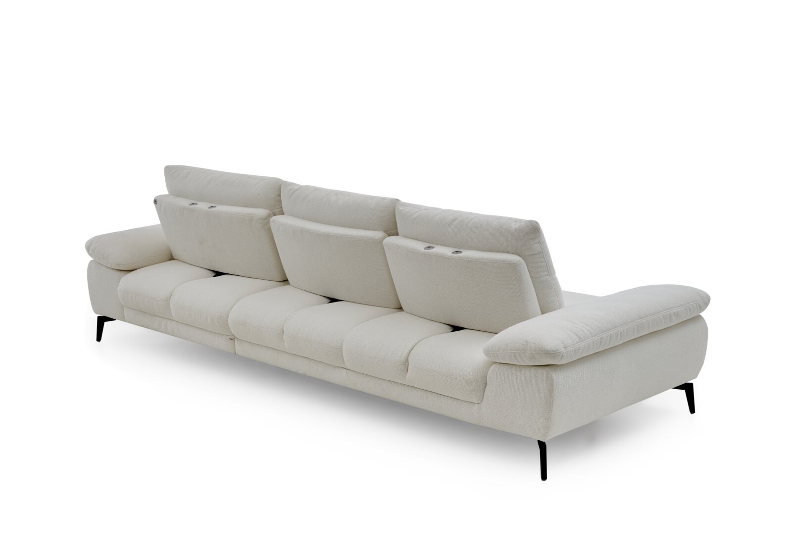 Achterkant van een moderne, crèmekleurige longchair-set met verstelbare rugleuningen en zwarte metalen poten.
