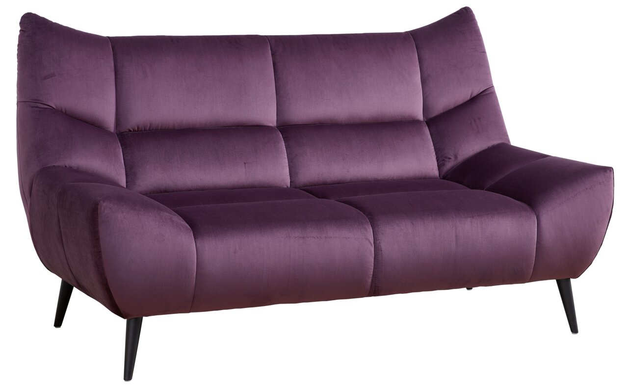 Lila 2-Sitzer Sofa mit Samtbezug, moderne Form, schwarze Beine, seitliche Perspektive