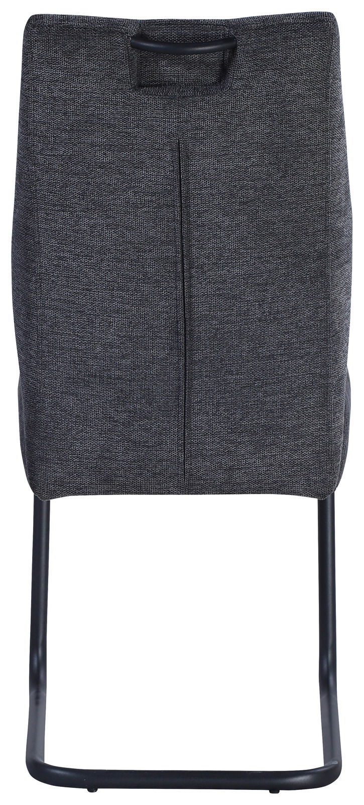 Rückansicht eines modernen Schwingstuhls mit grauem Stoffbezug und schwarzem Metallgestell.