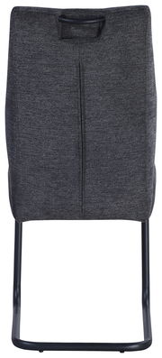 Rückansicht eines modernen Schwingstuhls mit grauem Stoffbezug und schwarzem Metallgestell.