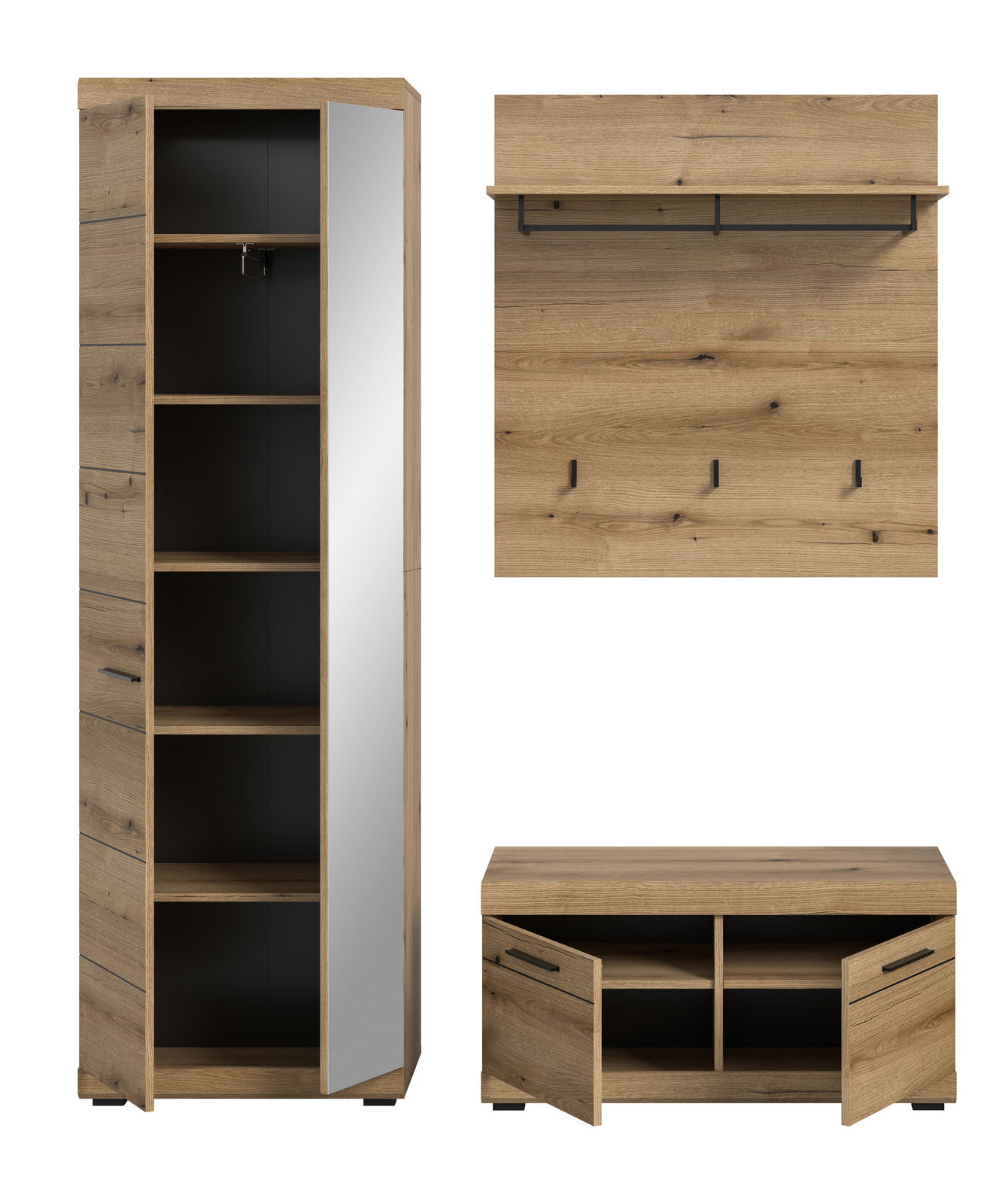 Garderoben-Set 3-teilig in Holzoptik, bestehend aus einem hohen Schrank mit Spiegel, einer Wandgarderobe mit Haken und einem niedrigen Schuhschrank, frontal abgebildet.