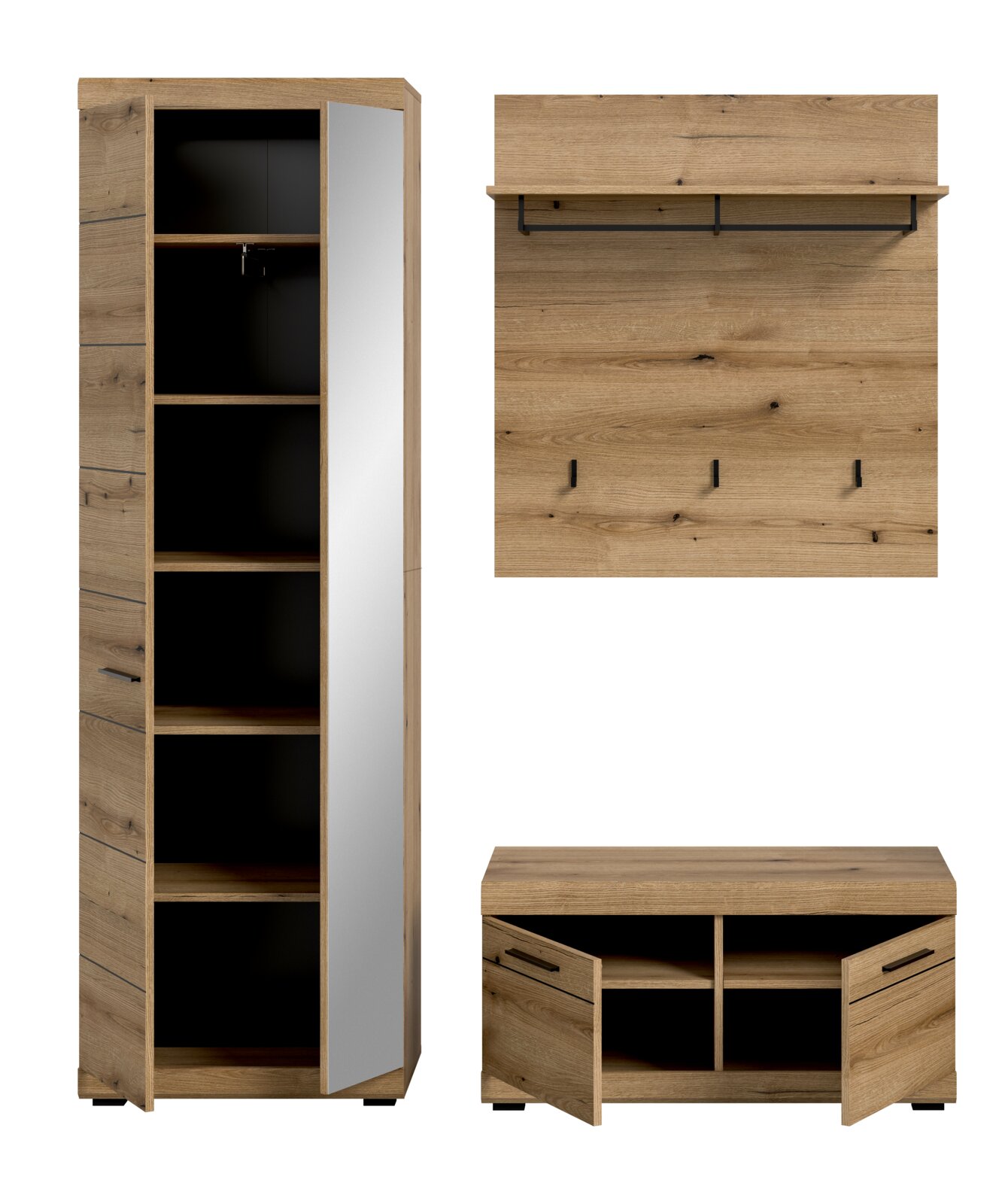 Garderoben-Set 3-teilig in Holzoptik, bestehend aus einem hohen Schrank mit Spiegel, einer Wandgarderobe mit Haken und einem niedrigen Schuhschrank, frontal abgebildet.