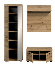 Garderoben-Set 3-teilig in Holzoptik, bestehend aus einem hohen Schrank mit Spiegel, einer Wandgarderobe mit Haken und einem niedrigen Schuhschrank, frontal abgebildet.