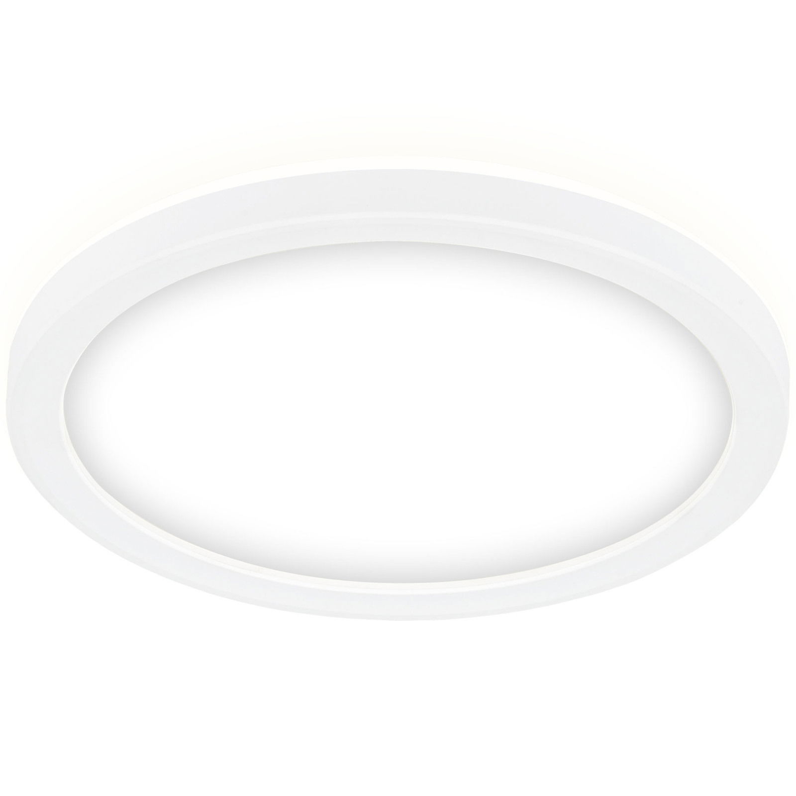 Runde, flache LED-Deckenleuchte in Weiß, seitliche Perspektive