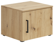 Holzfarbener Aufsatzschrank mit schwarzem Griff, seitliche Perspektive