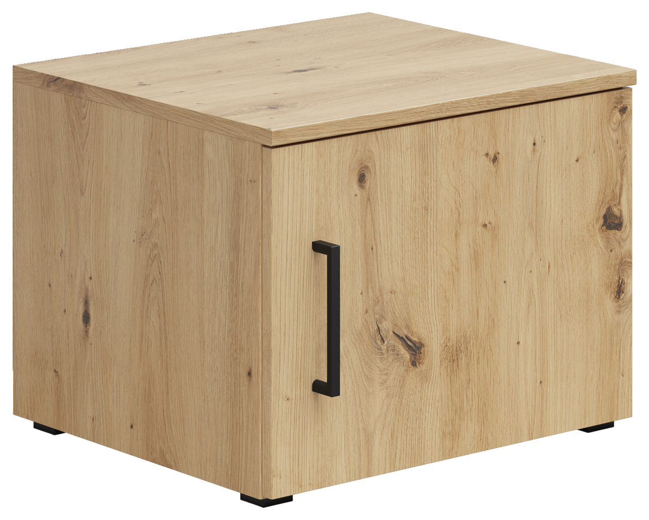 Holzfarbener Aufsatzschrank mit schwarzem Griff, seitliche Perspektive