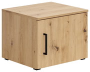 Holzfarbener Aufsatzschrank mit schwarzem Griff, seitliche Perspektive