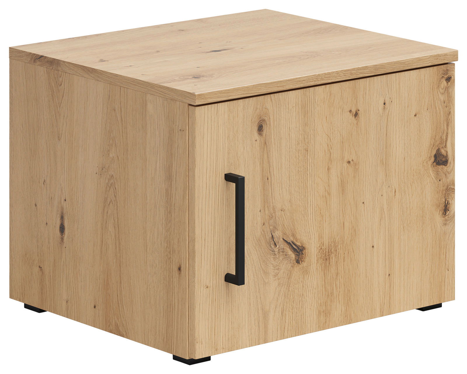 Holzfarbener Aufsatzschrank mit schwarzem Griff, seitliche Perspektive