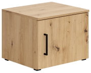 Holzfarbener Aufsatzschrank mit schwarzem Griff, seitliche Perspektive