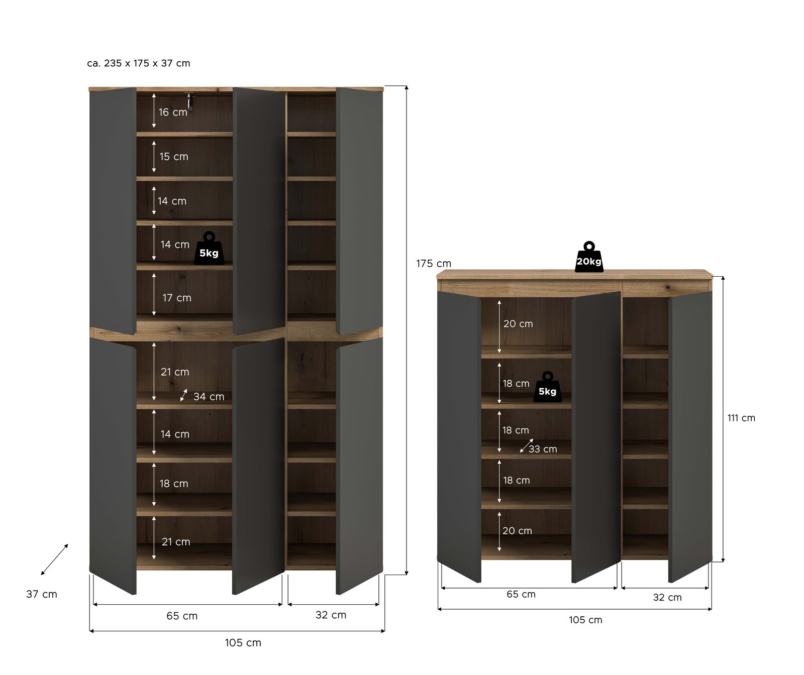 Zweiteiliges Schrank-Set in Holzoptik mit anthrazitfarbenen Türen, links hoher Schrank (ca. 105 x 175 x 37 cm) und rechts Sideboard (ca. 105 x 111 x 37 cm) mit geöffneten Türen und sichtbaren Regalböden sowie Maßangaben, Frontansicht.