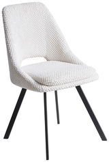 Moderner weißer Stuhl mit texturierter Oberfläche und schwarzen Metallbeinen, seitliche Perspektive