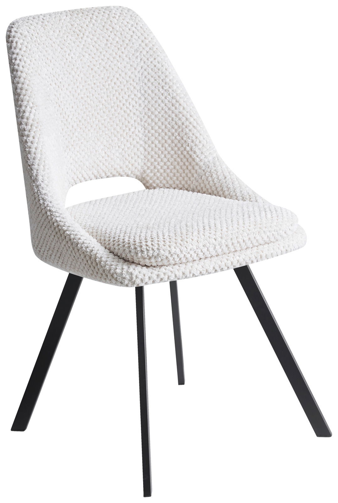 Moderner weißer Stuhl mit texturierter Oberfläche und schwarzen Metallbeinen, seitliche Perspektive
